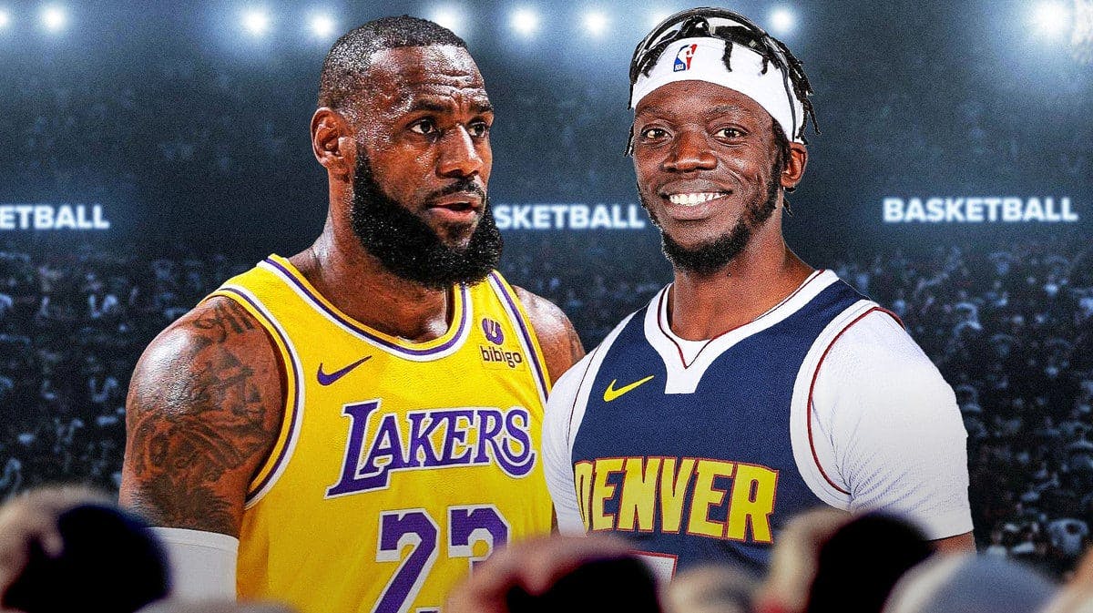 LeBron James looks at Reggie Jackson after being faked out as the Lakers take on the Nuggets.