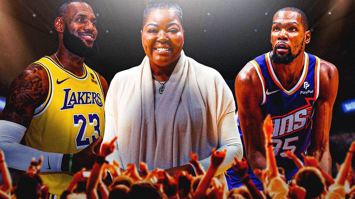 Image: Kevin Durant and LeBron James on either side, Kevin Durant’s mother in middle if possible, if not all good, Lakers and Suns logo, basketball court in background