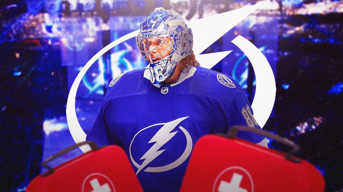 Image: Andrei Vasilevskiy in image with first aid kit in image, TB Lightning logo in image, hockey rink in background