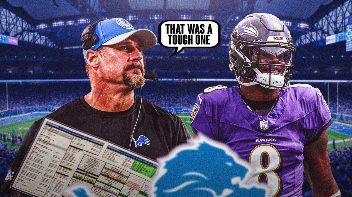 Detroit Lions head coach Dan Campbell and a text bubble “That was a tough one” and image of Baltimore Ravens QB Lamar Jackson next to him