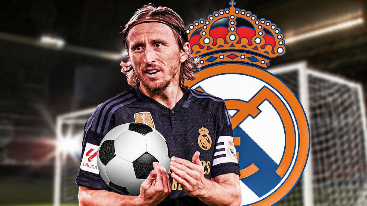 Luka Modric in front of the Real Madrid logo, with questionmarks in the air
