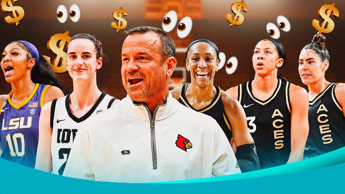 Louisville women’s basketball coach Jeff Walz centered, surrounded by with A’ja Wilson, Candace Parker, Caitlin Clark, Angel Reese, Kelsey Plum, with a mix of the big emoji style eyes and dollar signs surrounding them