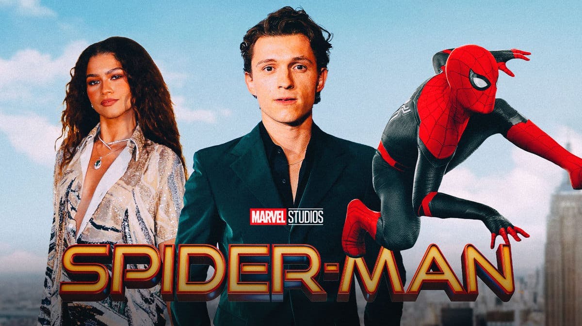 MCU Spider-Man logo with stars Tom Holland and Zendaya.