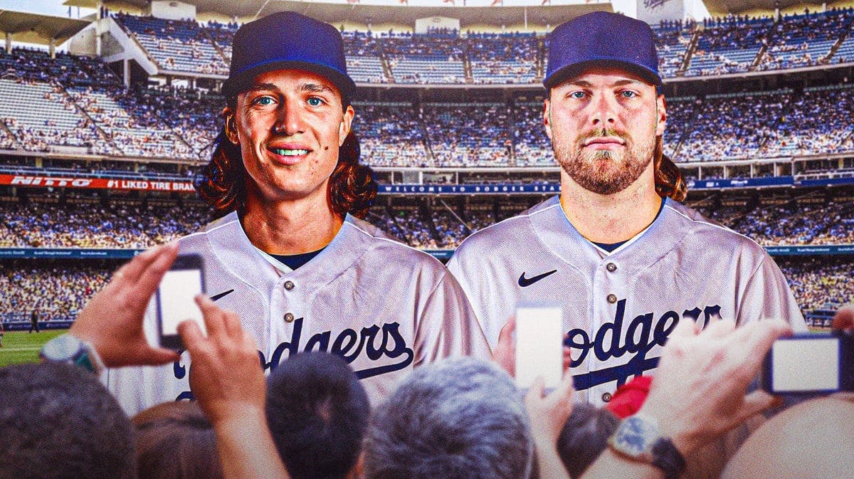 Corbin Burnes, Tyler Glasnow both in Dodgers uniforms at Dodger Stadium
