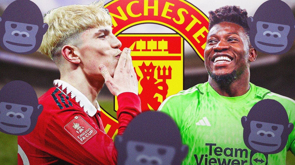 Alejandro Garnacho and Andre Onana in front of the Manchester United logo, a Gorilla emoji in the air