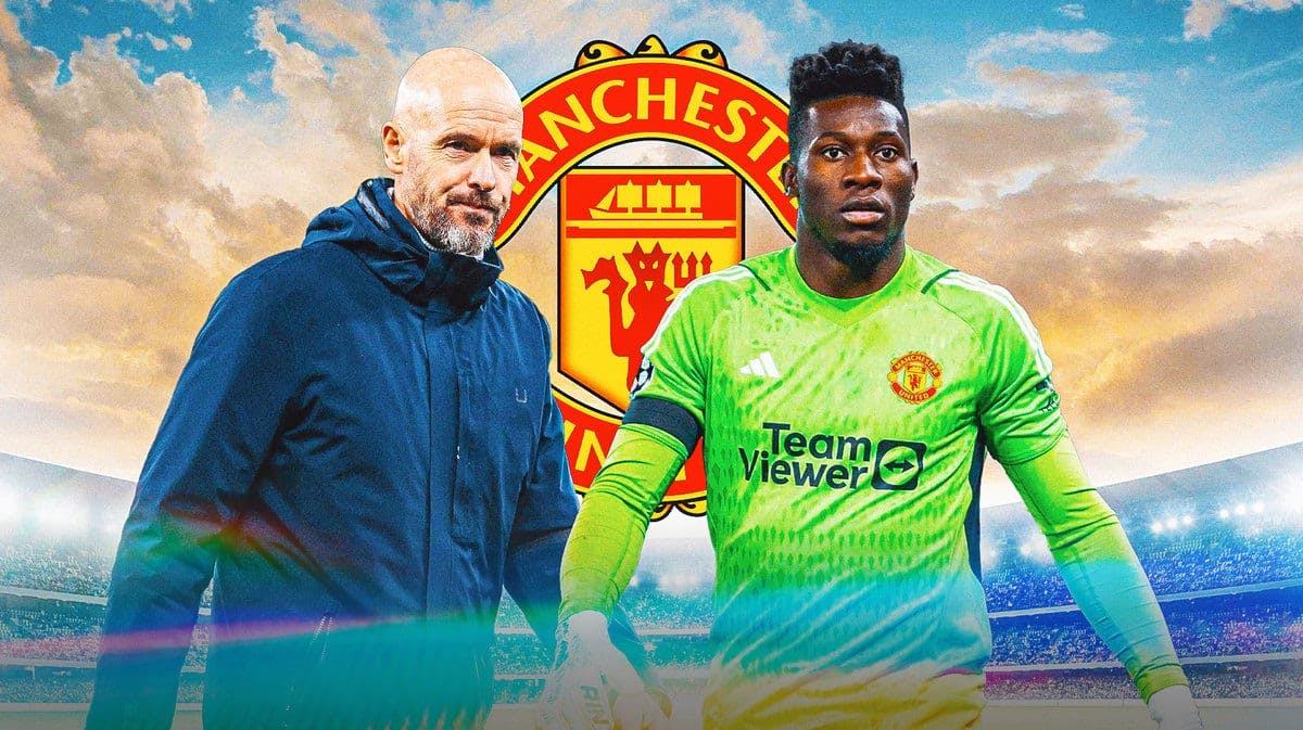 Erik ten Hag and Andre Onana in front of the Manchester United logo