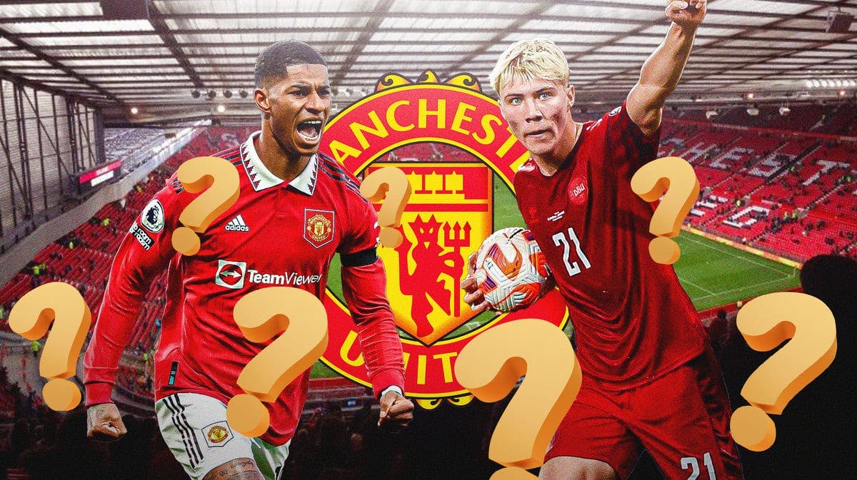 Manchester United logo, with Marcus Rashford and Rasmus Hojlund in front of it, questionmarks in the air