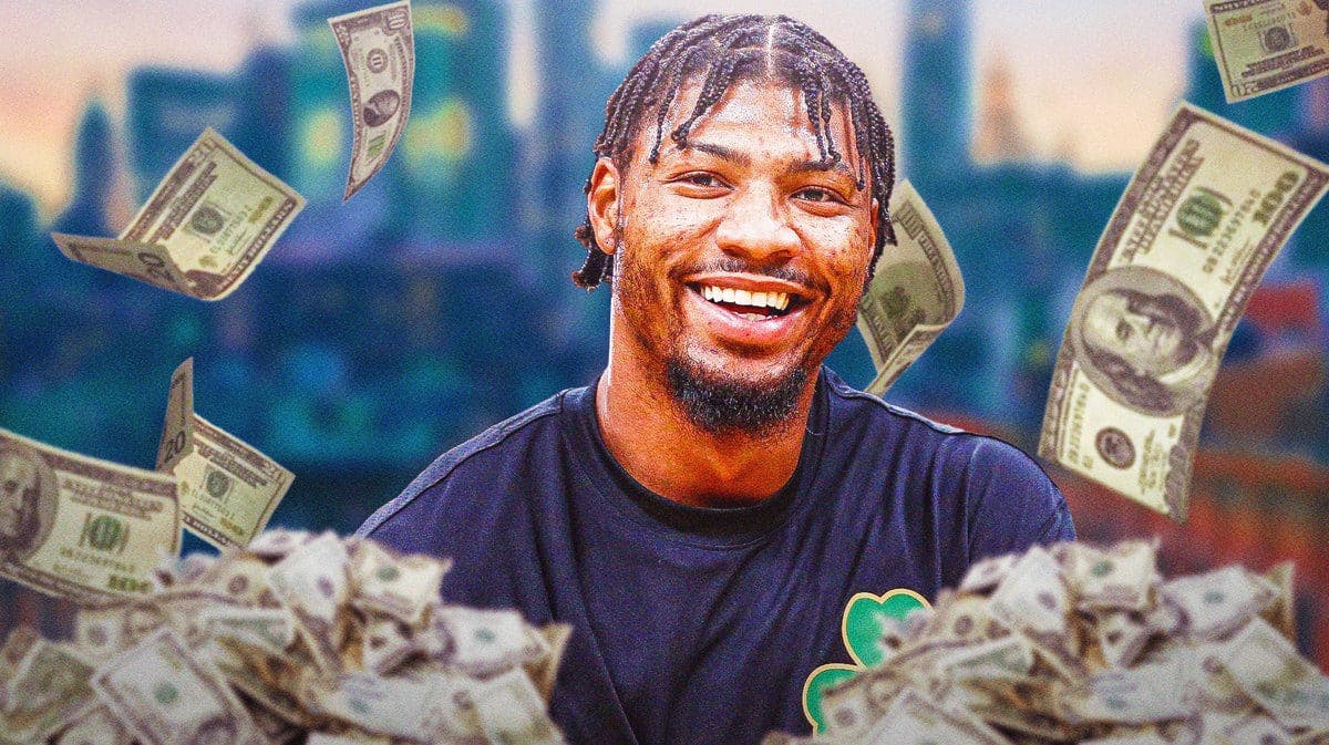 Marcus Smart surrounded by piles of cash.