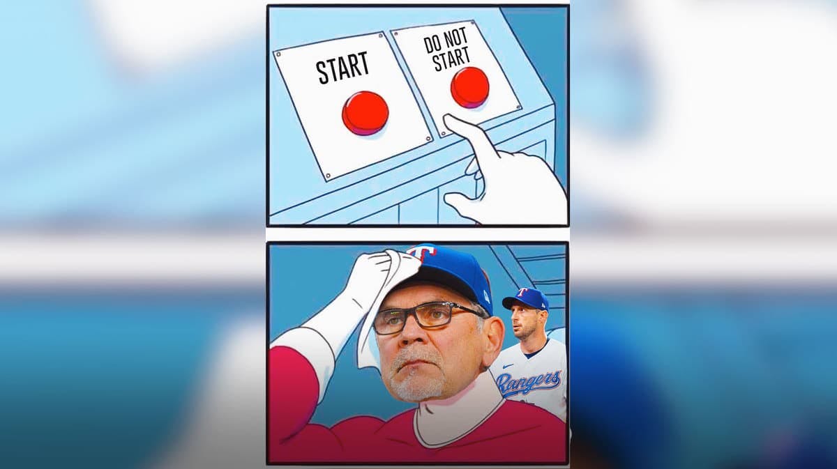 Rangers manager Bruce Bochy in the two buttons meme, with labels START and DO NOT START on the buttons, with Max Scherzer looking on in frustration