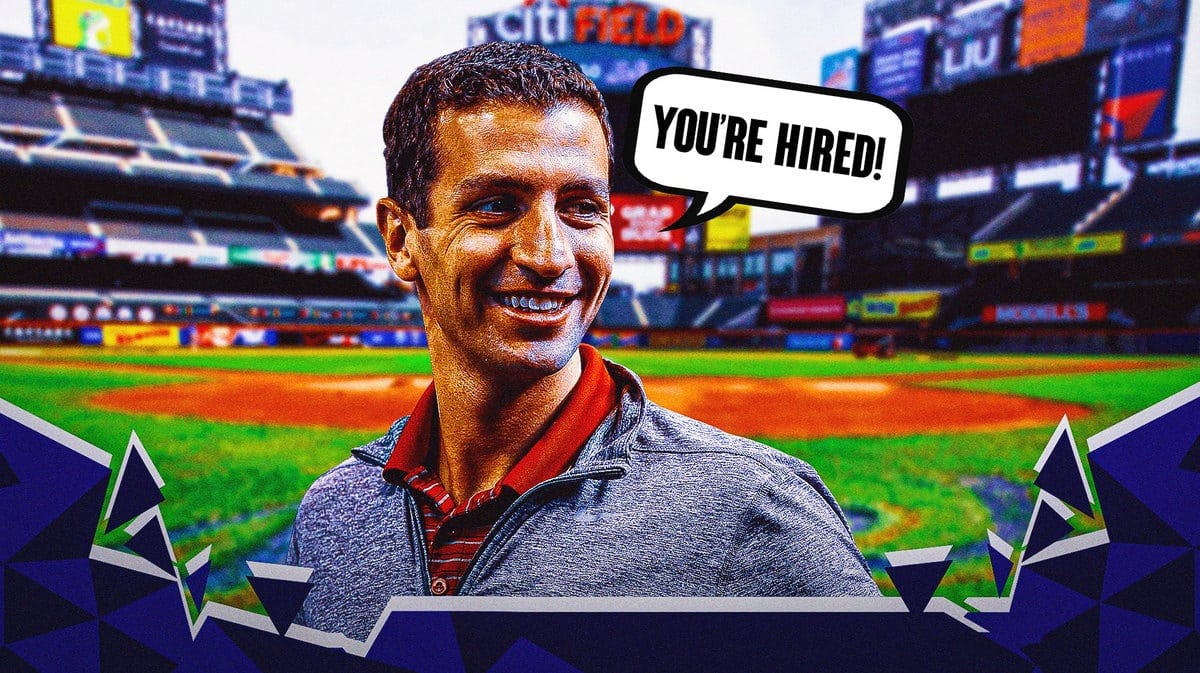 NY Mets president of baseball operations David Stearns and speech bubble “You’re Hired!”