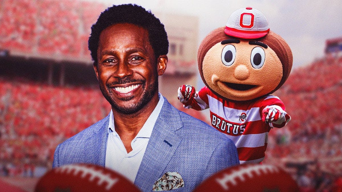 Desmond Howard laughing with the Ohio State mascot next to him. Have the mascot looking angry