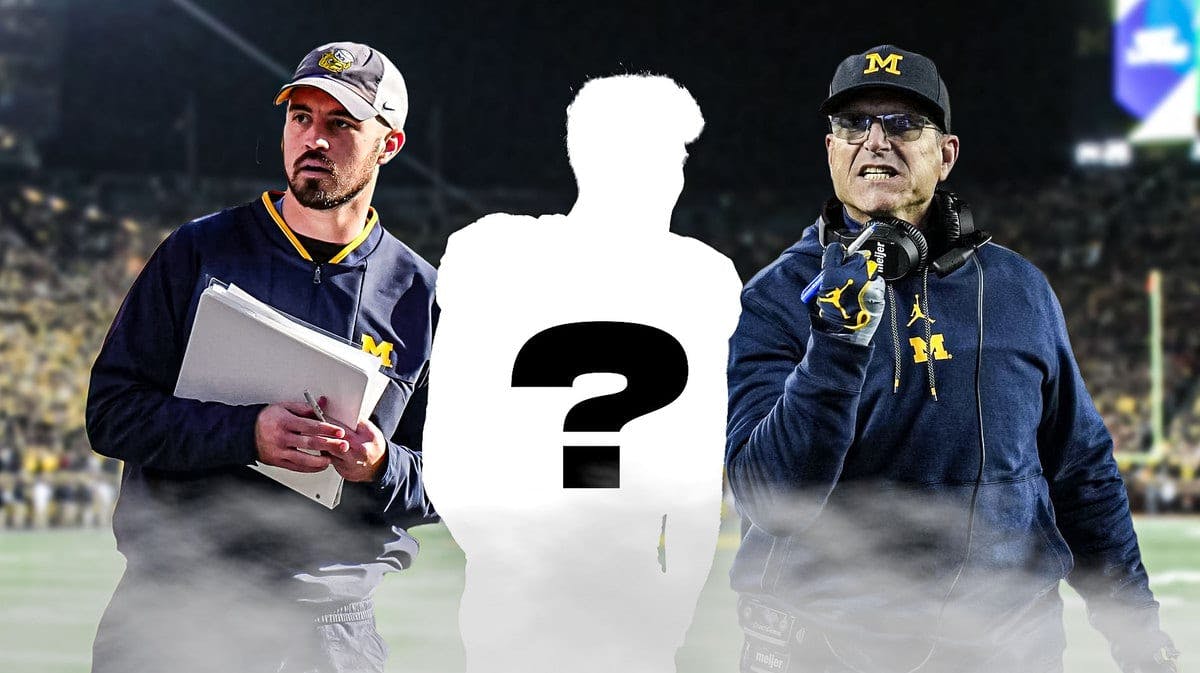 Photo: Mystery man with white inside and question mark, with Connor Stalions in Michigan gear and Jim Harbaugh in Michigan gear
