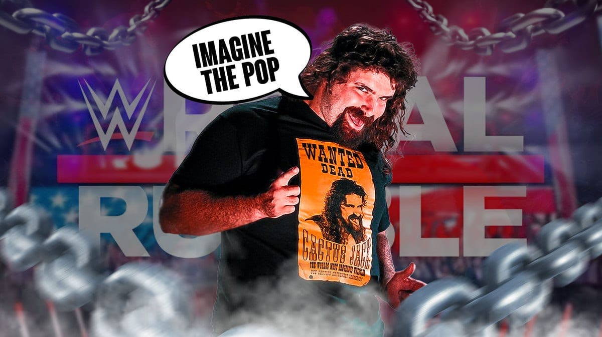 WWE’s Cactus Jack with a text bubble reading “Imagine the pop” with the 2020 Royal Rumble logo as the background.