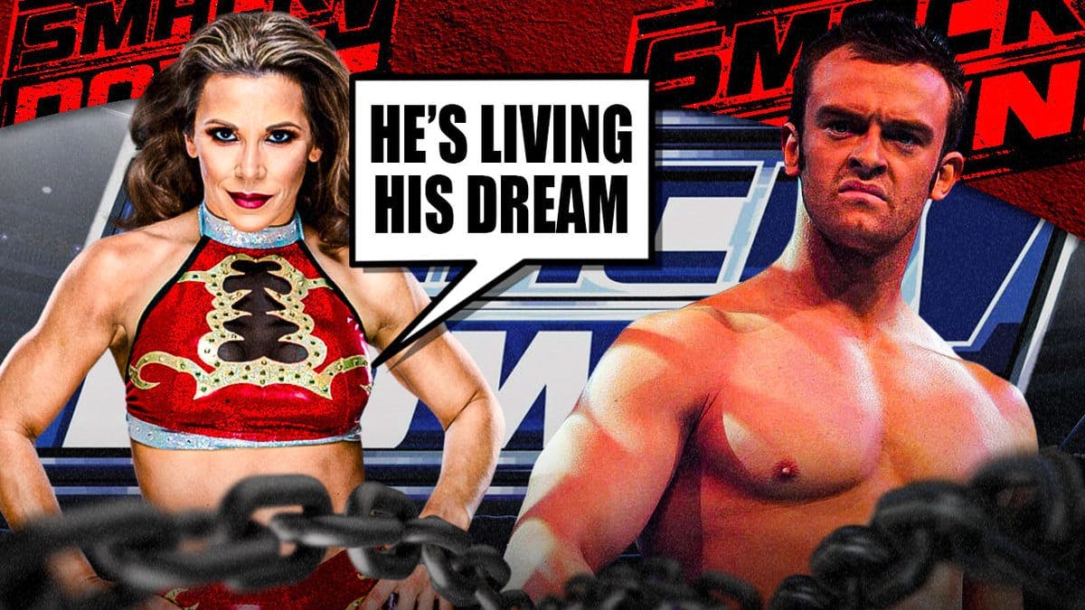 Mickie James with a text bubble reading “He’s living his dream” next to Nick Aldis with the SmackDown logo as the background.