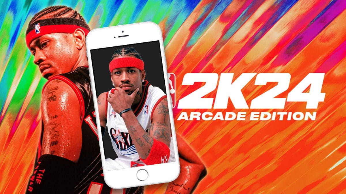 2K24 Arcade Edition Cover with Allen Iverson displayed in the iPhone screen, NBA 2K24 Arcade Edition Now Available!