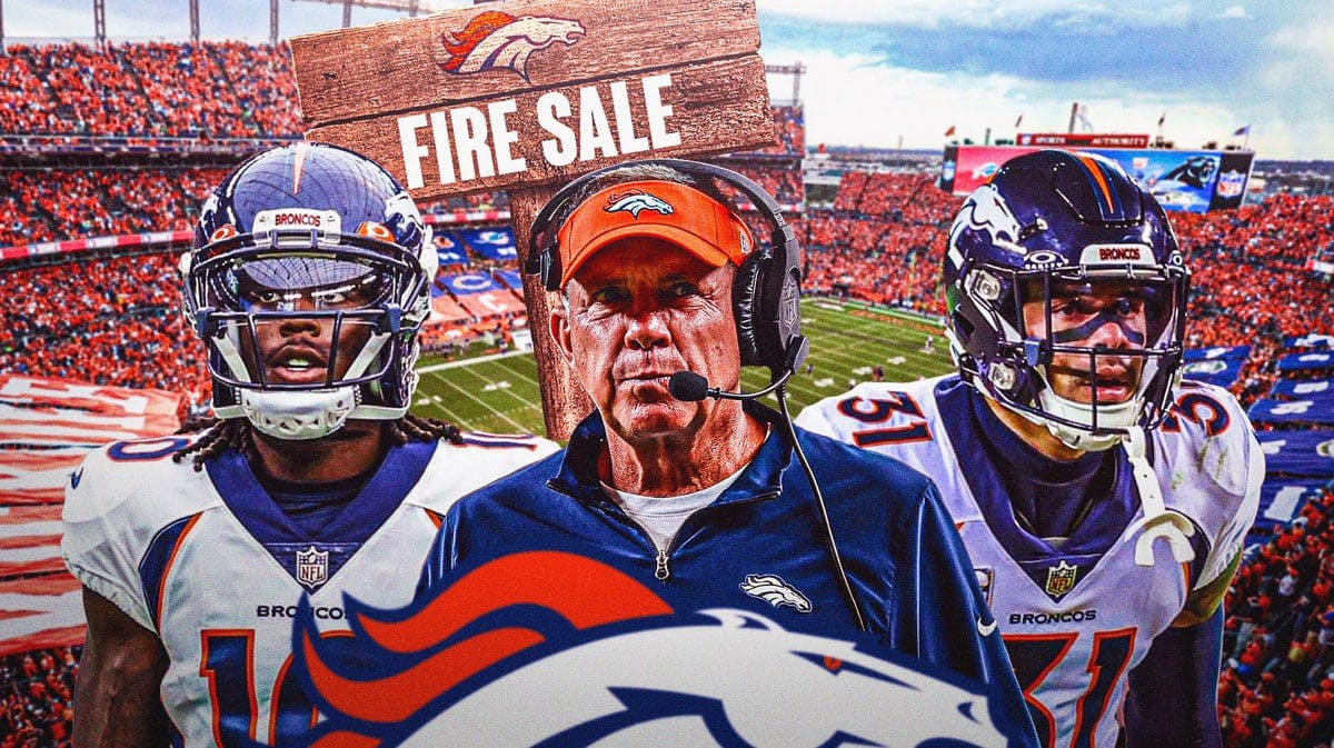 Sean Payton, Jerry Jeudy, Justin Simmons with a sign behind them that has the Broncos logo on top of the words “Fire sale”