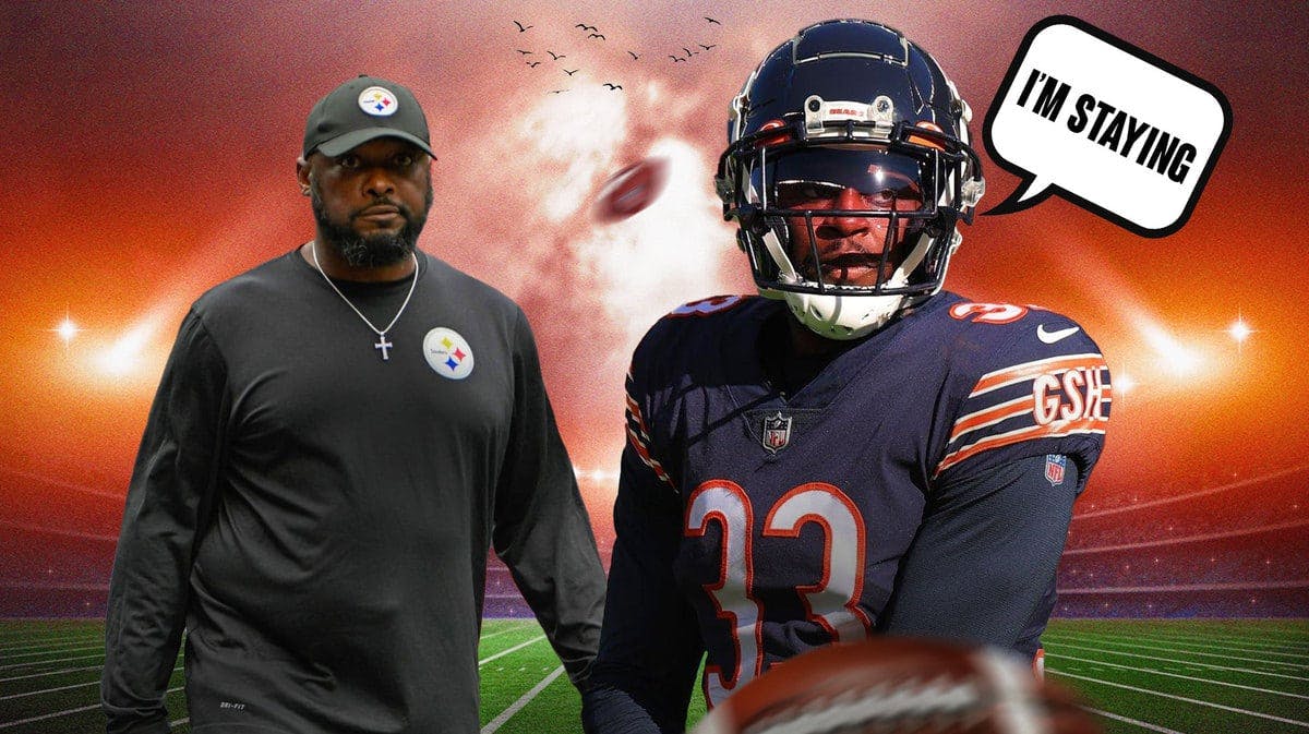 Photo: Mike Tomlin in Steelers gear with Jaylen Johnson in Chicago Bears uniform saying “I’m Staying”