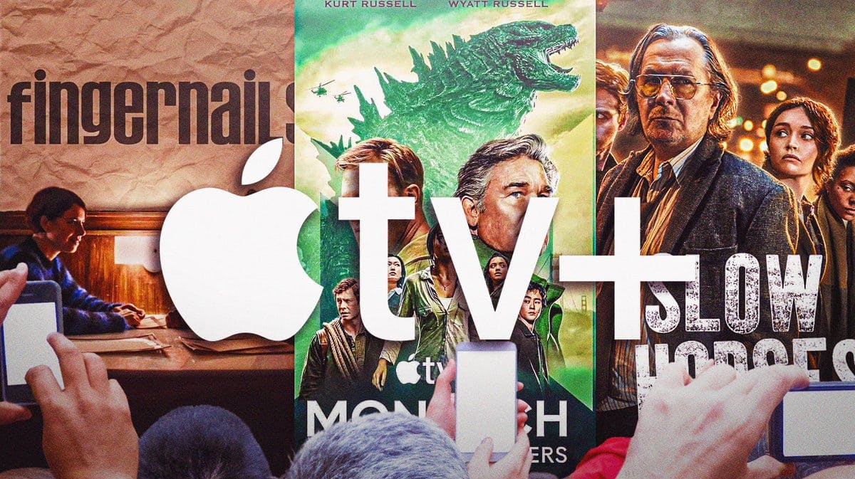 Apple TV+ logo with posters of Fingernails, Monarch: Legacy of Monsters, and Slow Horses in background.