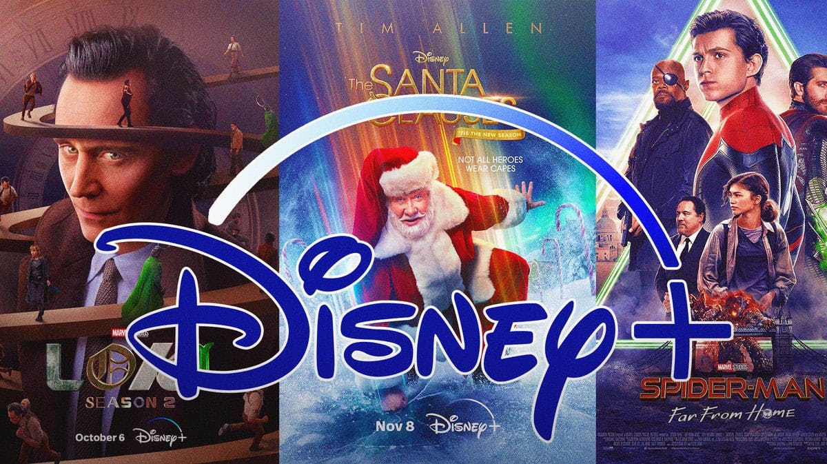Disney+ logo in front of Loki Season 2 poster, The Santa Clauses poster, and Spider-Man: Far From Home poster.