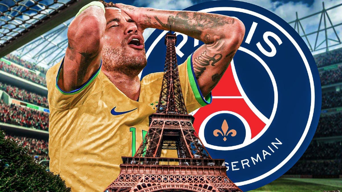 Neymar looking down/sad in front of the PSG logo