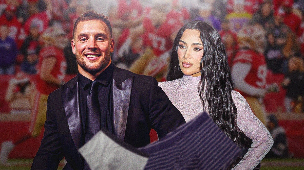NFL football star and 49ers defensive end Nick Bosa stands next to Kim Kardashian as a men's underwear model.