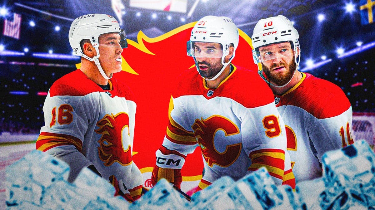 Image: Nikita Zadorov in middle of image looking stern, Nazem Kadri and Jonathan Huberdeau in image looking stern, CGY Flames logo, hockey rink