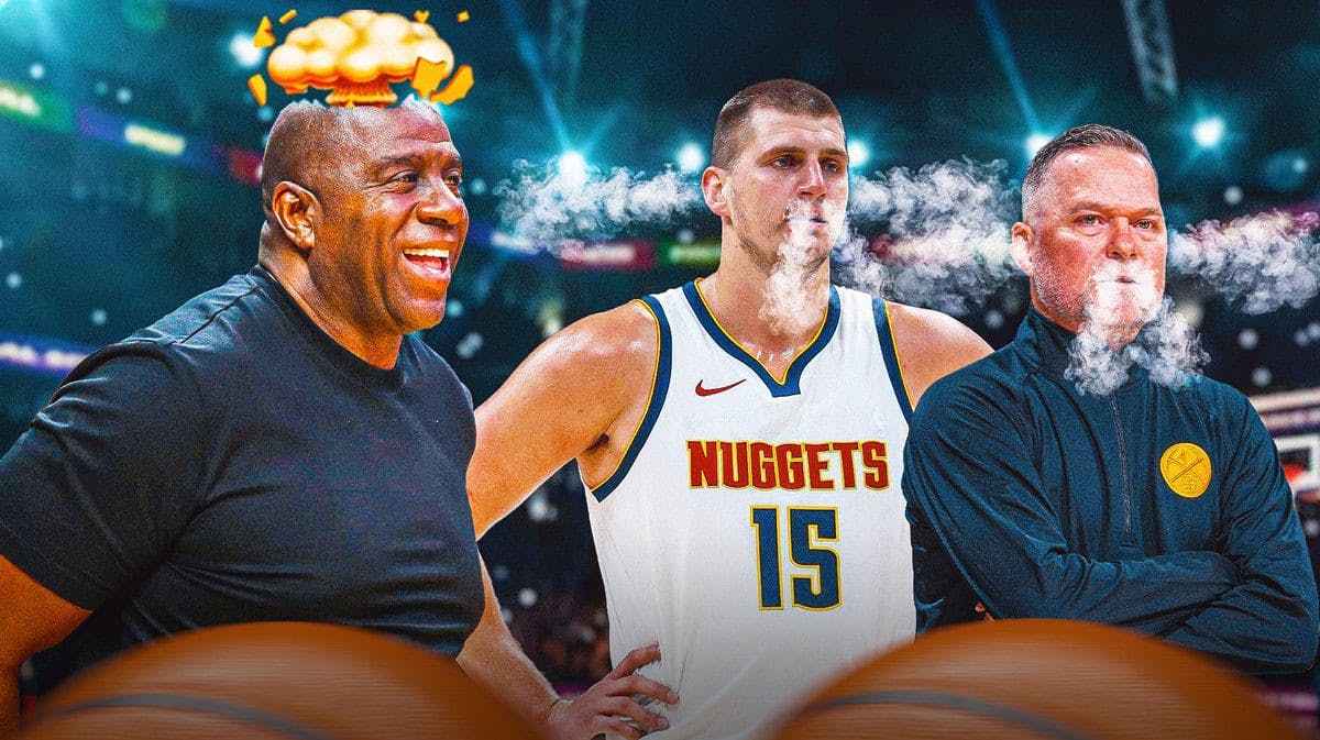 Lakers' Magic Johnson with mind-blown head. Nuggets' Nikola Jokic and Michael Malone with smoke coming out of their nose and ears