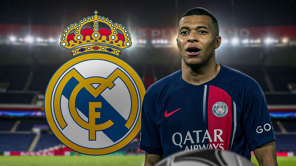 Kylian Mbappe in front of the Real Madrid logo