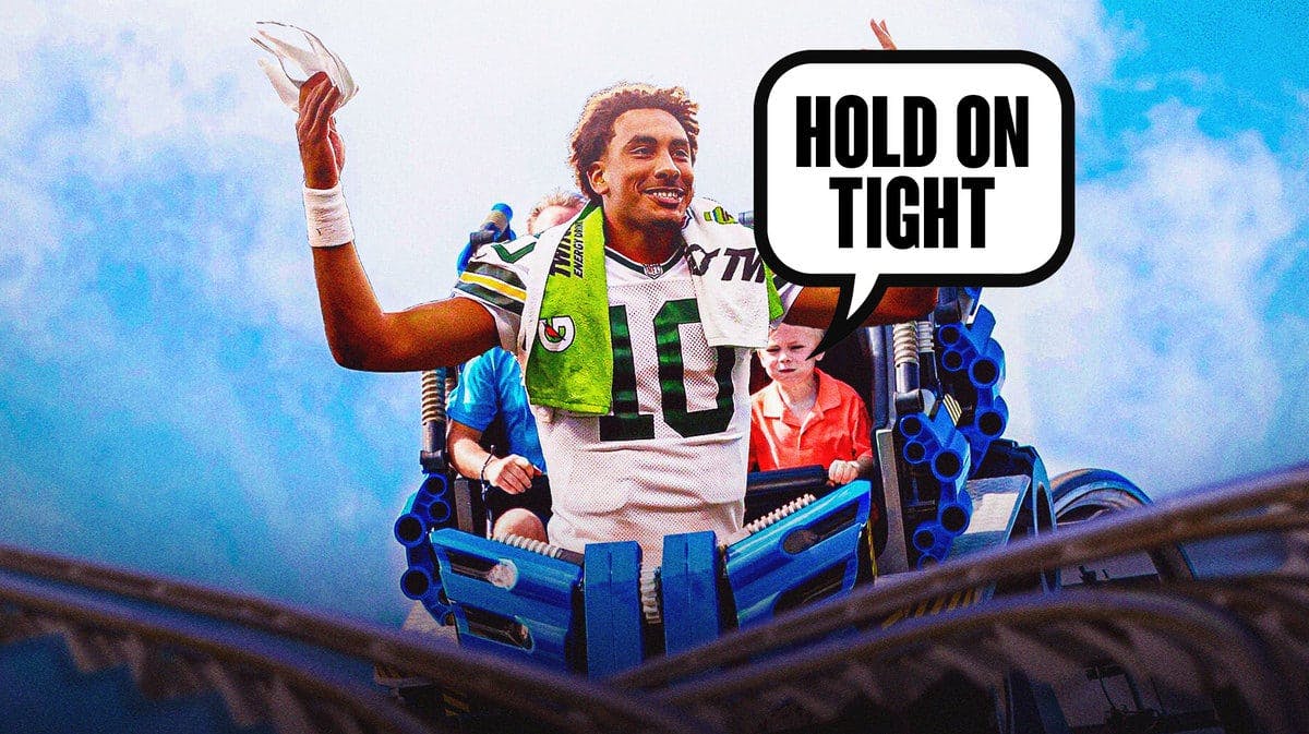 Green Bay Packers QB Jordan Love on a roller coaster and speech bubble “Hold On Tight”