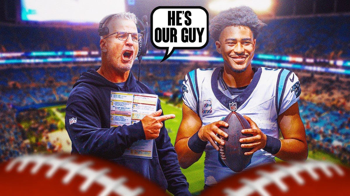 Frank Reich with a speech bubble that says, "he's our guy" next to Bryce Young.