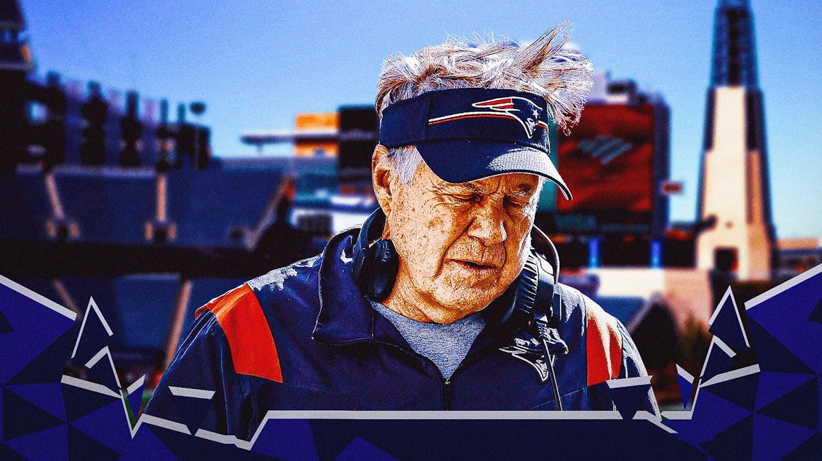Bill Belichick frowning with stadium in background.