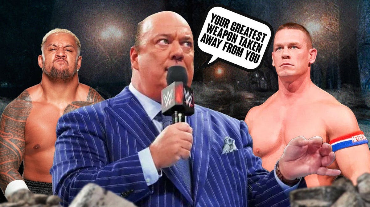 Paul Heyman with a text bubble reading “Your greatest weapon taken away from you” with Solo Sikoa on his left and John Cena on his right.