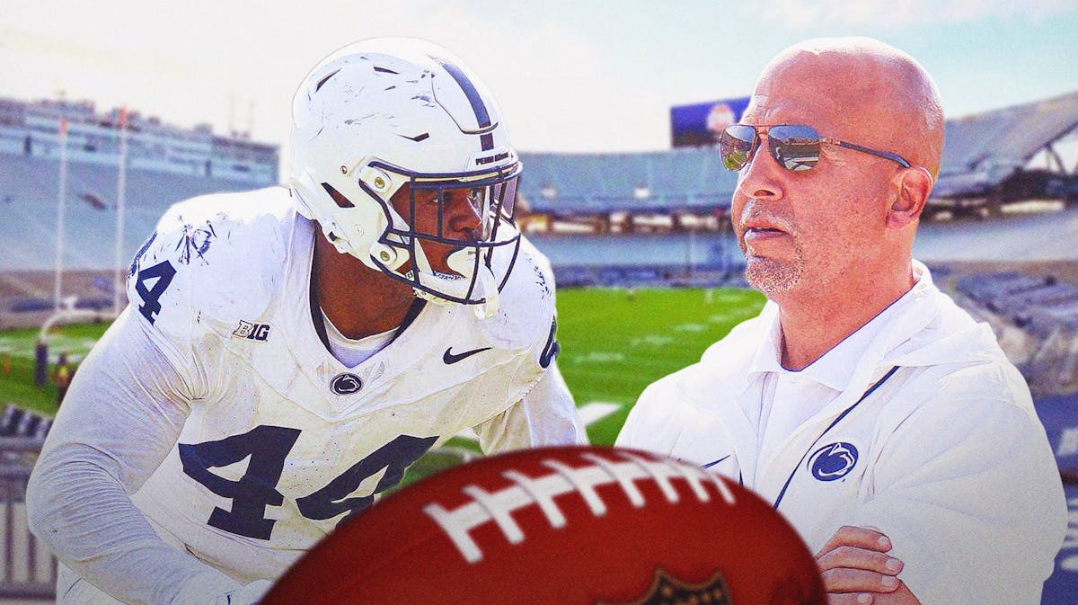 Penn State football, Nittany Lions, Ohio State football, James Franklin, Chop Robinson, James Franklin and Chop Robinson (in Penn State uni) with Penn State football stadium in the background