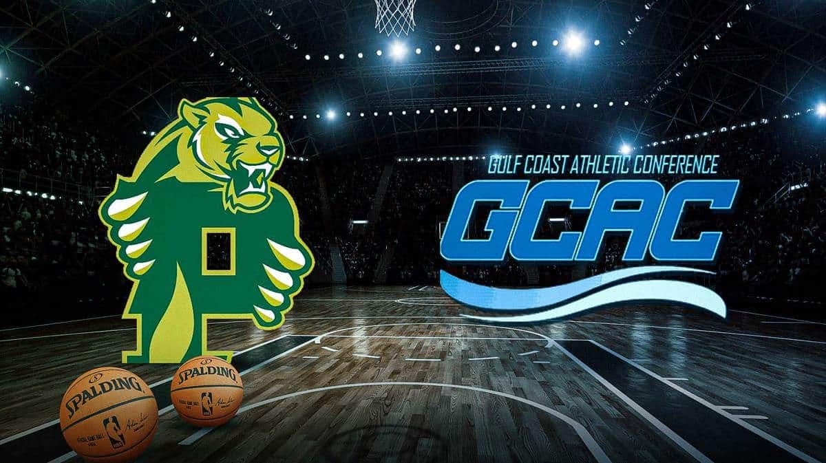 Philander Smith College logo, GCAC logo, basketball court in the background