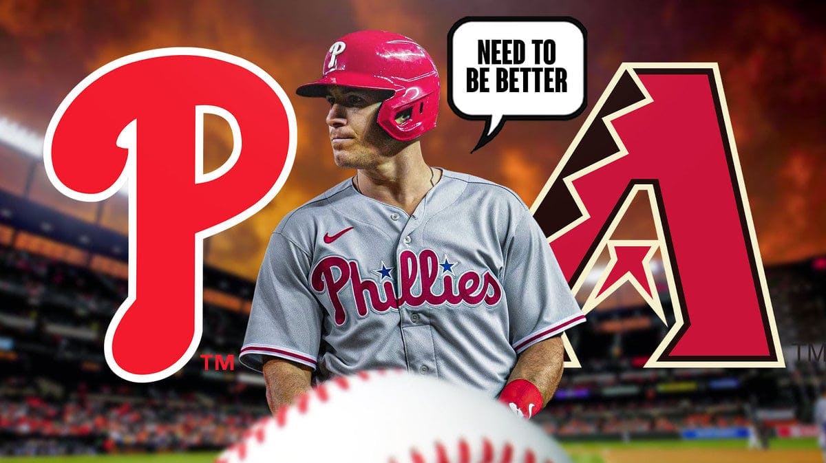 Image: JT Realmuto in middle of image looking stern with speech bubble: “Need to be better” , PHI Phillies and AZ Diamondbacks logos, baseball field in background
