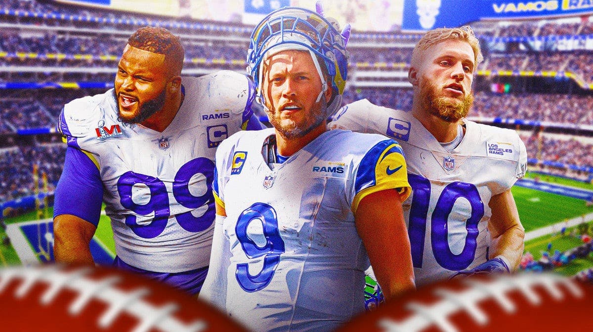 Los Angeles Rams stars Mattew Stafford, Aaron Donald, and Cooper Kupp in front of SoFi Stadium.