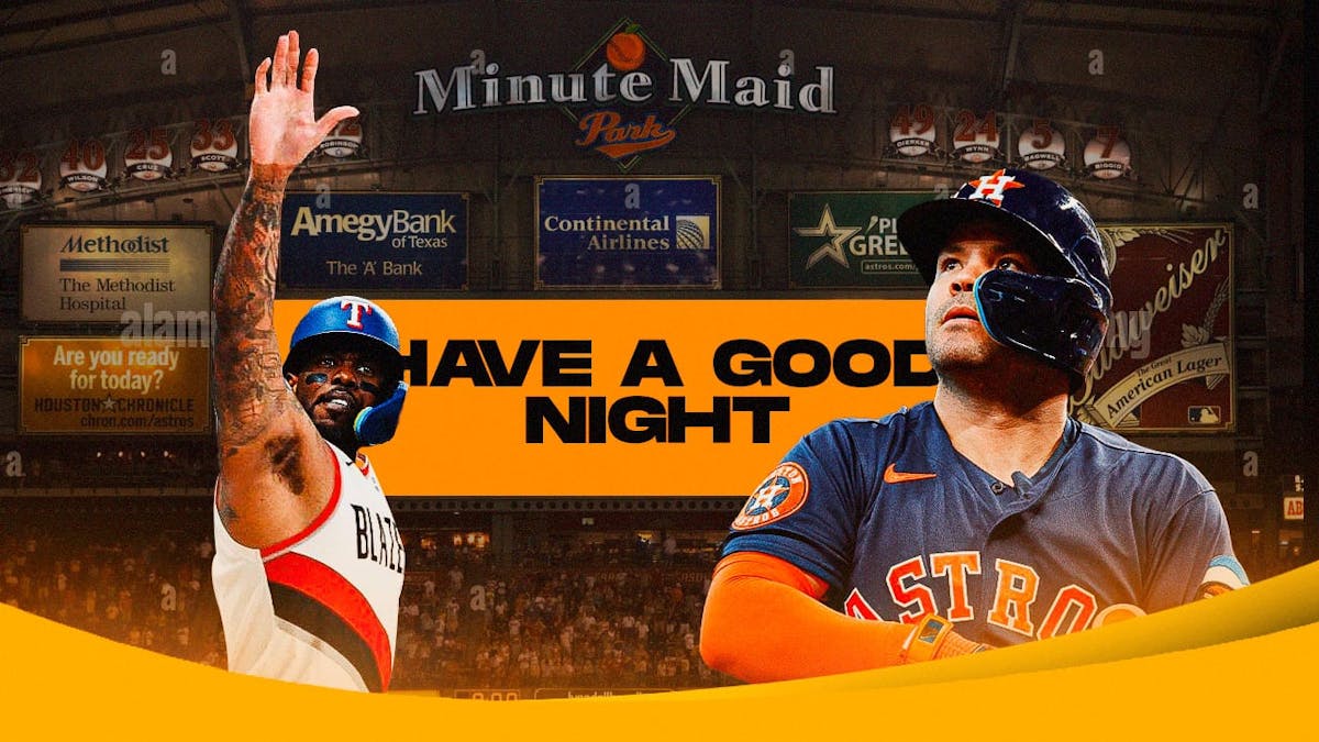 Rangers' Adolis Garcia photoshopped on Damian Lillard saying goodbye (Blazers 2019 Game 5 vs. Thunder), with Astros' Jose Altuve looking sad with the Minute Maid Park jumbotron in the middle with the text on the jumbotron: HAVE A GOOD NIGHT