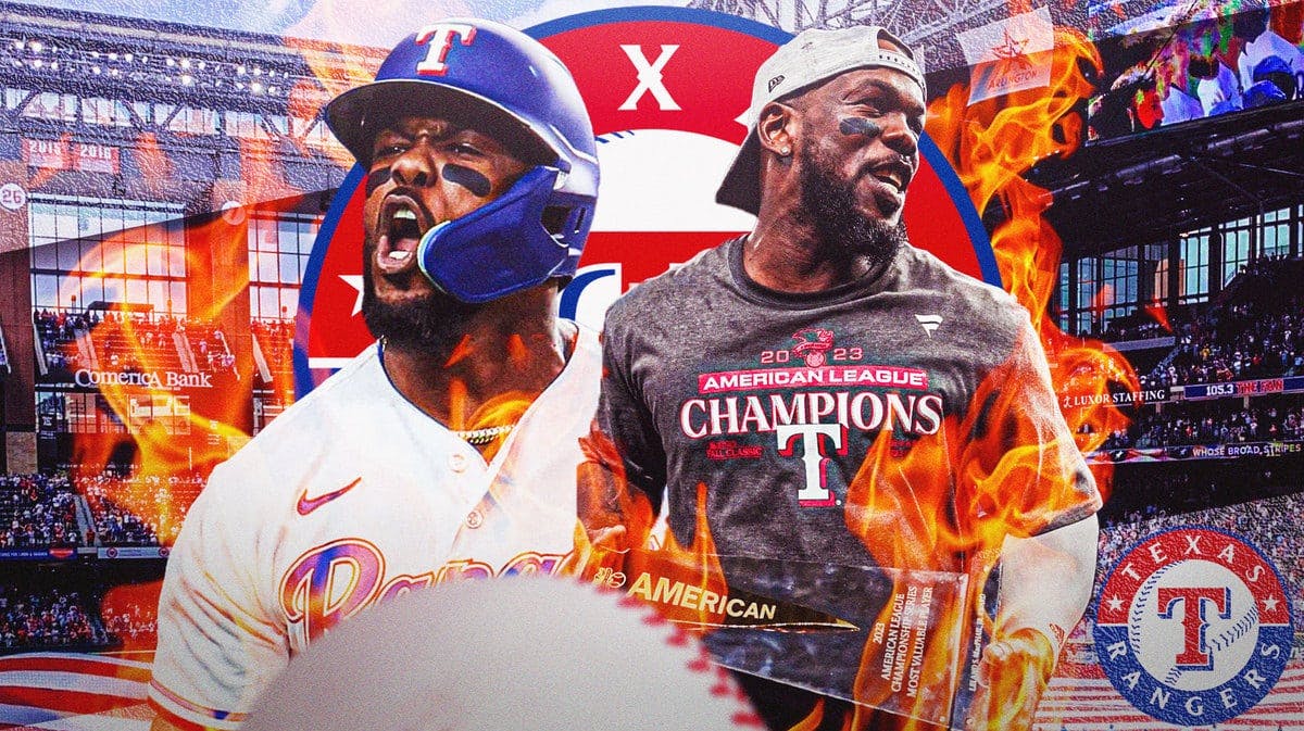 Image: Adolis Garcis in middle of image with fire around him, ALCS MVP award ALCS pennant in image, TEX Rangers logo, baseball field in background