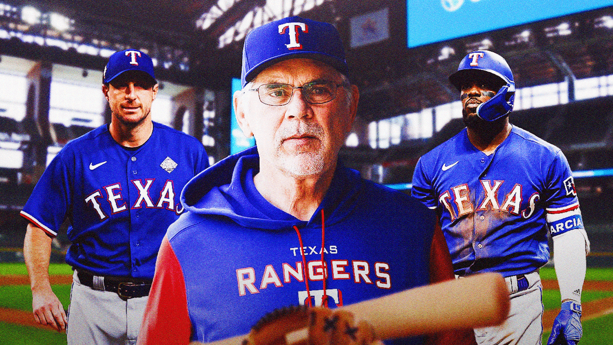 Texas Rangers manager Bruce Bochy, pitcher Max Scherzer, and outfielder Adolis Garcia at Globe Life Field during the World Series.