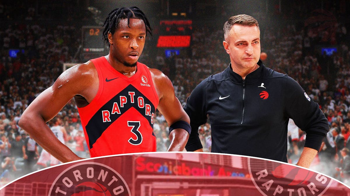 OG Anunoby and Darko Rajakovic with the Raptors arena in the background