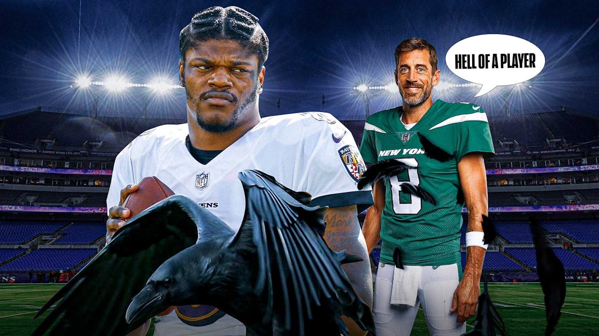 Lamar Jackson in Ravens uniform. Aaron Rodgers with a speech bubble that says “hell of a player”