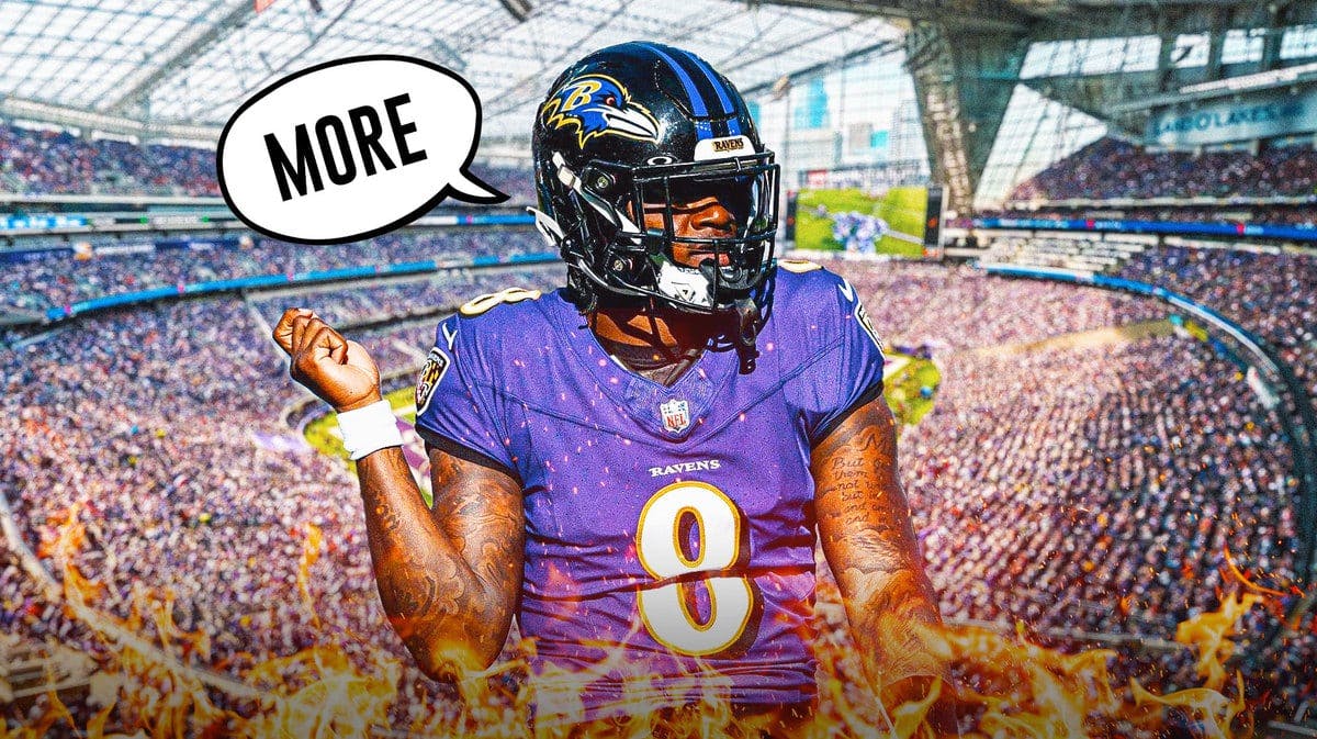 Baltimore Ravens QB Lamar Jackson and speech bubble that says “More”