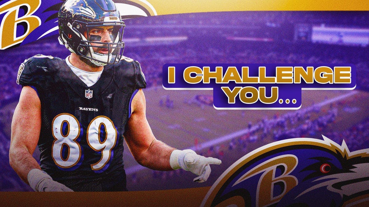Ravens Mark Andrews issuing a challenge after big win over Lions. Background is M&T Bank Stadium