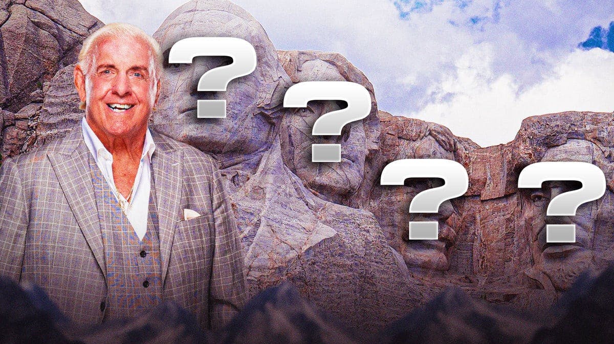 Ric Flair standing in front of Mount Rushmore with question marks over the faces.