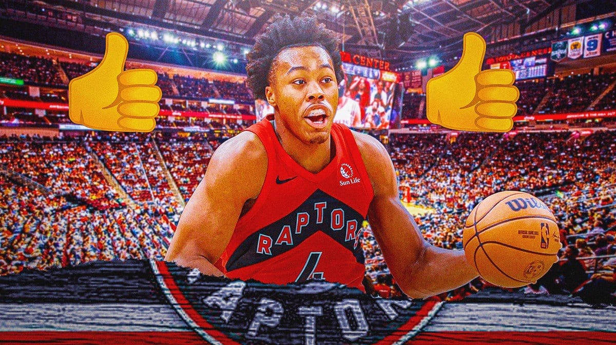 Raptors' Scottie Barnes dribbling a basketball with thumbs up on injury update