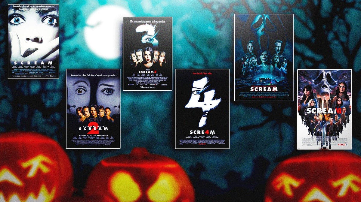 Scream movie posters with Halloween background.