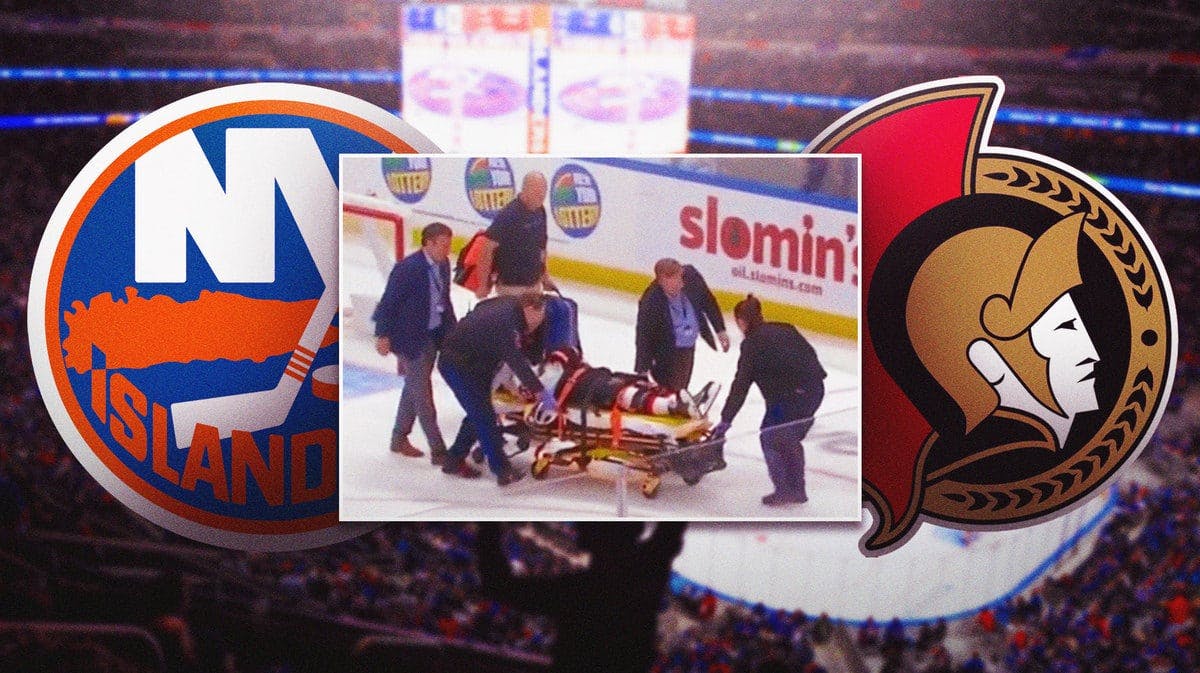 Image: A screenshot of Erik Brannstrom in below tweet being stretchered off ice, NY Islanders and OTT Senators logos, hockey rink in background