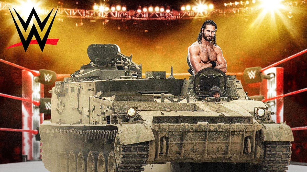 Seth Rollins inside of a tank with the WWE logo on the side of it in a wrestling ring.
