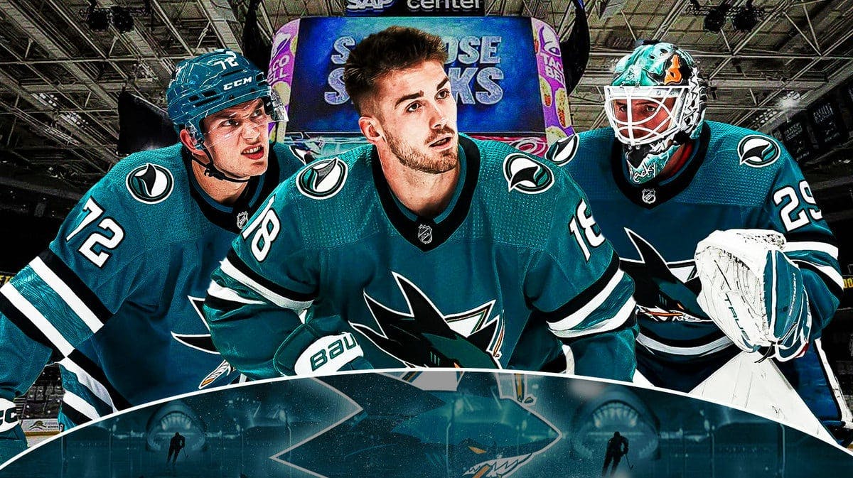 San Jose Sharks players Filip Zadina (center), Mackenzie Blackwood (right), and William Eklund (left) with the SAP Center at San Jose in the background.