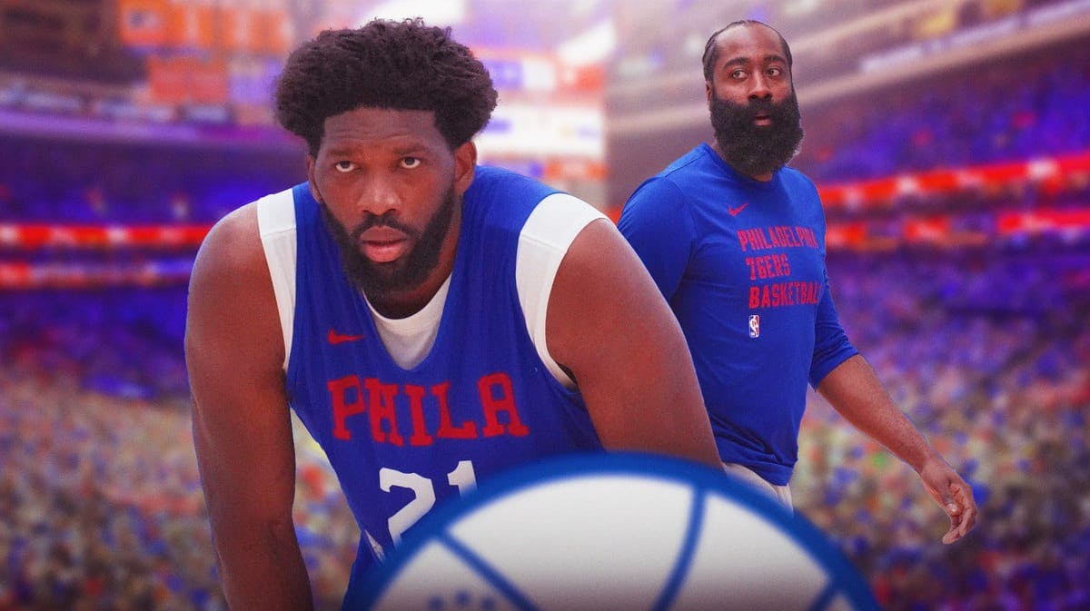 Sixers players Joel Embiid and James Harden in practice clothes